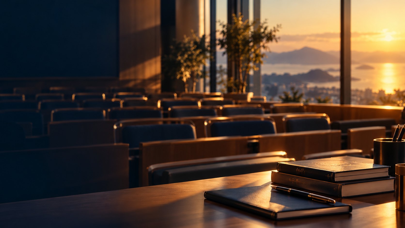 Ambiente acadêmico com livros e luz de fim de tarde